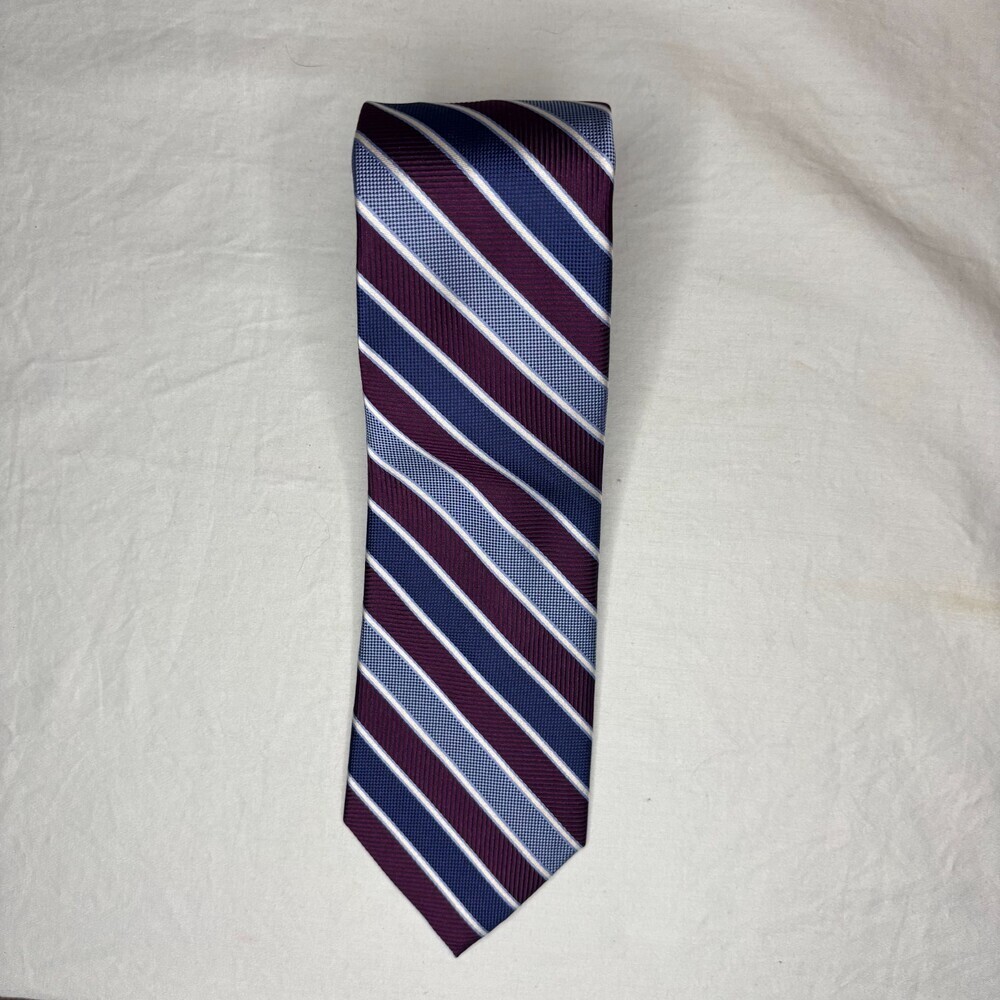Jos A Bank Traveler NEW 100% Silk Handmade Blue Burgundy Stripe Tie Stain Resist